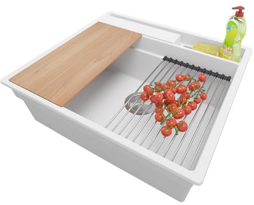 PRIMAGRAN Evier Cuisine en Granit Blanc 58x53cm, Lavabo 1 bac + Kit de Vidage + Accessoires, Évier à Encastrer al mueble 60cm - Oslo Pocket S192