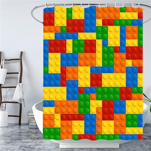 Duschvorhang Anti-Schimmel 180x160cm Farbige Bausteine Duschvorhäng Waschbar Textil Bad Vorhang,3D Shower Curtains Polyester Antibakteriell Stoff,Badewanne Duschvorhang mit 12 Duschvorhängeringen