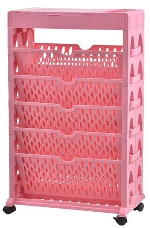 Beweglicher Bücherregal mit 5 Ebenen, Mehrzweck-Rollwagen, kompakter Schreibtisch-Organizer mit Rollen, Zeitschriftensammler, Bücherregal für Schule, Klassenzimmer, Heimbüro (Rosa)