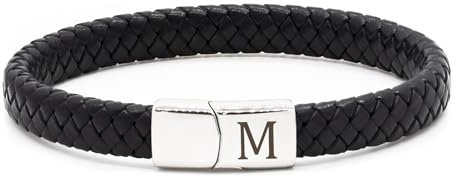 HAYOUWAY Mens Leather Bracelet with Initials Letter A-Z Bracelets for Women, Black Braided Leather Bracelet with Engraved Stainless Steel Magnetic Clasp Jewelry Gifts for Men Boys