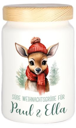 Herz & Heim® Keksdose personalisiert mit Ihrem Wunschnamen zu Weihnachten für Ihre Plätzchen (Reh)