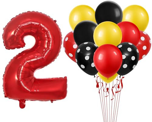 Luftballons Deko 2. Geburtstag Mädchen Junge, Luftballons Zahlen 2 Rot 32 Zoll, Kindergeburtstag Luftballons Schwarz 18 Zoll und Schwarze Rote Gelbe Polka Dot Latexballon