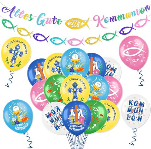HOWAF Kommunion Deko Junge Mädchen, Kommunion Luftballon Kommunion Ballon Fisch Luftballon, Alles Gute zur Kommunion Girlande Kommunion Banner, Fische Deko Kommunion Dekoration, Erstkommunion Deko
