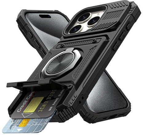 Coolden for iPhone 15 Pro Case with Card Holder [Max 2 Cards] Ring Holder Kickstand Armor Shockproof Military Grade Heavy Duty Protective Case Wallet Case Cover for iPhone 15 Pro Phone Case-Black