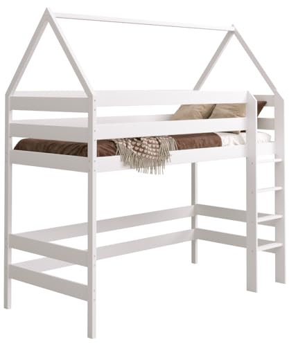 Need Sleep Loft Bed Hausbett Etagenbett Kinder 180x90 Hochbett Mit Treppe Kinderhochbett Hoch Bett Erwachsene Jugendliche (weiß)