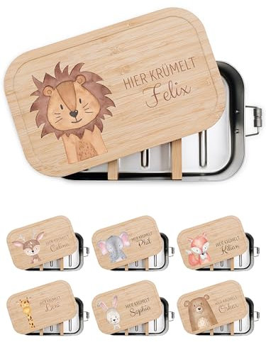 wunderwunsch® - Personalisierte Brotdose für Kinder - Robuste und Individuelle Edelstahl Brotdose mit Namen - Personalisierte Geschenke für Kinder (GROSS Edelstahl,Löwe)