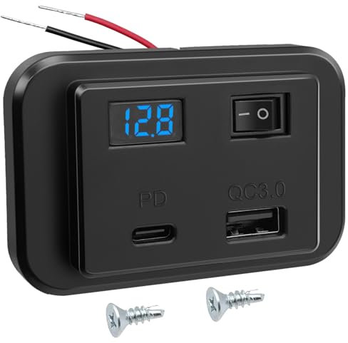Hoembpn 12V Dual USB C Car Charger Socket Panel with Switch and LED Voltmeter 40W PD2.0+QC3.0,DC12V-26V USB Power Outlet Outdoor Quick Charge Adapter for Campervan Boat Truck Marine Accessories