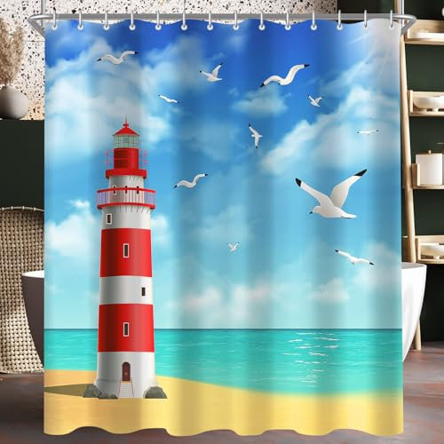 Lerores Duschvorhang 180x200cm Leuchtturm, Beschwerter Saum Antischimme, Wasserabweisend, Waschbar Polyester Badevorhänge mit 12 Ösen und Duschvorhangringen für Badezimmer, Badewanne