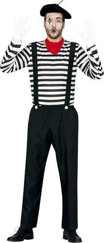 FIESTAS GUIRCA | Mime Kostüm für Erwachsene - T-Shirt, Hut, Hose, Halstuch und Hosenträger - Clown Kostüme für Halloween, Karneval und Kostümpartys - Ideal für Herren - Weiß und Schwarz