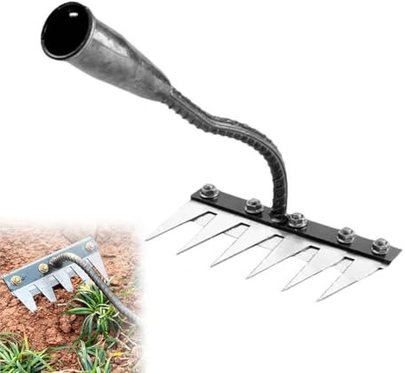 Cikiki Râteau de jardin 5/6/7/8 dents en acier au carbone robuste avec poignée en plastique, idéal pour le jardinage et le désherbage, déchaume, aération, outil de jardin
