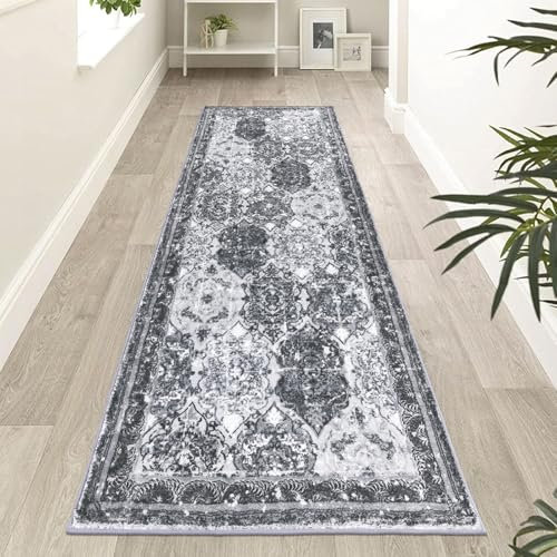 Enyhom Klassisch Teppich Läufer Flur 66 x 183 cm, Flauschig Weich Langer Läufer, Waschbar Kurzflor Küchenläufer, Hochwertig Schlafzimmer Bettvorleger für Flur Waschküche Eingang Wohnzimmer, Dunkelgrau