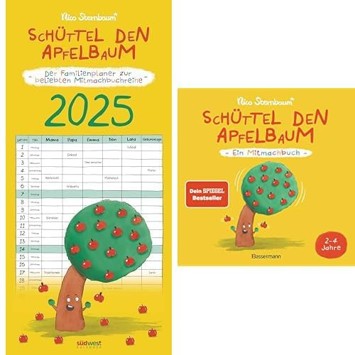 Nico Sternbaum-Set: Kalender Schüttel den Apfelbaum - der Familienplaner - Monats-Wandkalender 2025 + Mitmachbuch Schüttel den Apfelbaum - Ein Mitmachbuch. Für Kinder von 2 bis 4 Jahren