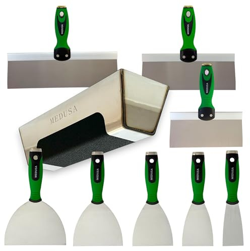 Medusa's Flexible Stainless Steel Drywall Taping Knife Set with 12 Mud Pan and Grip, Strong Flexible Putty Blades, 8 10 and 12 Coating Blades with Curved Handles Contoured to the Palm of Your Hand