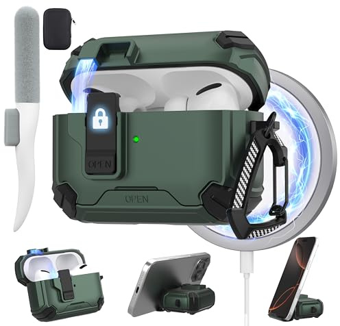 Maxjoy Hülle für AirPods Pro 2 mit Magnetverschluss, Grün | Hülle für AirPods Pro 2 mit Reinigungsset & Handyhalter, Karabiner, Aufbewahrungstasche, Magnetisches Laden, Sturzschutz