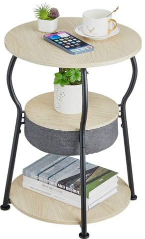 ZEXVIDA Runder Beistelltisch Vintage, 3-stufiger Industrieller Runder Beistelltisch mit Stauraum, Nachttisch Kleiner Tisch Sofatisch für Wohnzimmer Schlafzimmer Balkon (Eiche, 40W*55H)
