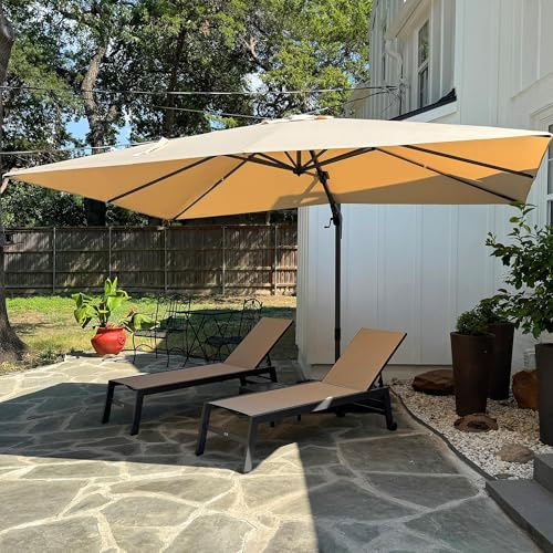 PURPLE LEAF Parasol Déporté 2,5 x 3,5 m avec Pied, Parasol de Jardin Extérieur Inclinable des Deux Côtés, Toile 240g/m² Anti-UV, Réglage à 5 Positions et Rotation à 360°, Beige