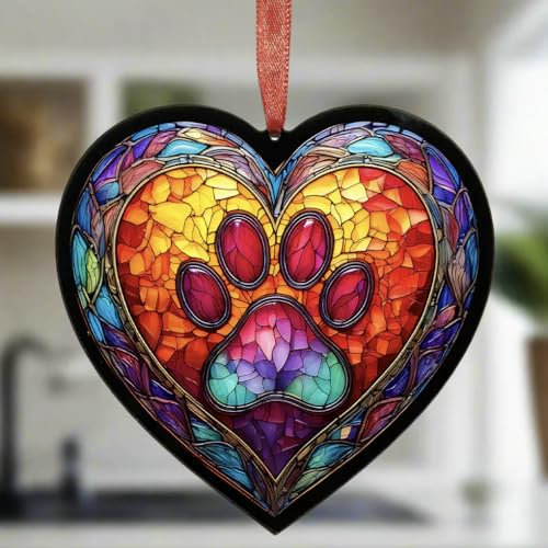Paw Print Stained Glass Effect Heart Suncatcher - Garden Gift - Dog Gift - Pet Memorial (13cm)