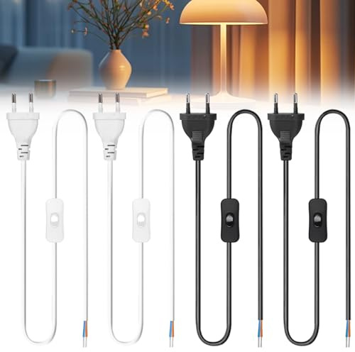 4 Stück Netzkabel mit Schalter 3m, Eurostecker Stromkabel mit offene Kabelenden, 2 Polig 2 x 0.75 mm² Ersatzkabel Zuleitung mit Schalter für Leuchten Lampen Leuchtmittel(Weiß+Schwarz)