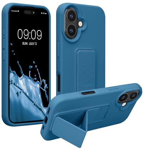 kwmobile Handyhülle für Apple iPhone 16 Hülle - TPU Silikon Case mit Fingerhalter und Stand - Schutzhülle Cover in Karibikblau