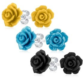 Ensemble de trois boucles d'oreilles romantiques délicates en forme de fleurs sculptées en 3D bleu jaune noir pour femmes adolescentes pour mère plaqué argent.