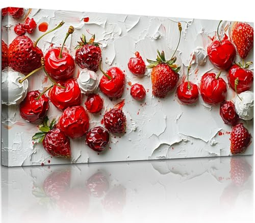 MHARTK66 Cuadros Frutos Rojos Decoracion Comedor, 50x100 cm Grandes Laminas Decorativas Pared Salon, Lienzos Decorativos Pared Fresas y Cerezas, Modernos Wall Art Cocina Pasillo Dormitorios Baño