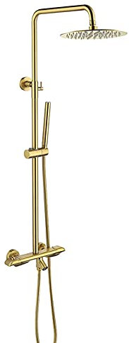 RWDAMPUW Brushed Gold Thermostatic Shower Faucet Set, 8 Inch Luxury Rainfall Shower Head with Hand Shower, Adjustable Slide Bar, Wall Mounted Shower System with Hand Shower