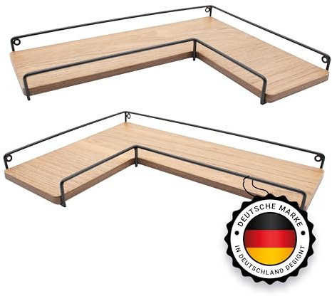 Kyto Eckregal 2er-Set L-förmige Wandregale aus Holz & schwarzem Metall - Spiegelsymmetrische Hängeregale für Ecken (Links/rechts), platzsparende Ecklösung für Bücher, Pflanzen & Deko