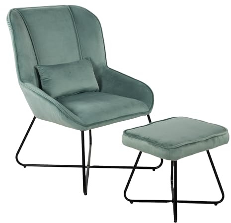 Duo Collection Algona Relaxsessel mit Hocker | Komfortabler Cocktailsessel und Loungesessel aus Samt | gemütlicher Sessel mit Hocker | modern und elegant | Mint