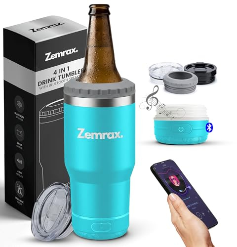 Bluetooth Speaker Can Cooler – 4-in-1 Insulated Beer & Bottle Cooler + 14oz Tumbler | Fits Slim & Standard Cans | Stainless Steel Vacuum Insulated Drink Holder | Unique Gifts for Men