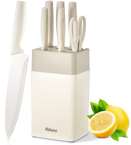 Yabano Set Coltelli da Cucina 7 Pezzi con Ceppo in Plastica e Affilatore Integrato, Lame Antiaderenti e Antiruggine in Acciaio Inox (Bianco)