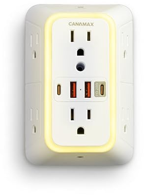 Multi Plug Wall Outlet Extender - 6 Outlet Splitter & 4 USB Ports with 20W PD USB-C Fast Charging, Smart Night Light, 3-Sided 1050J Surge Protector Power Strip for Home, Office, Dorm Room Essentials