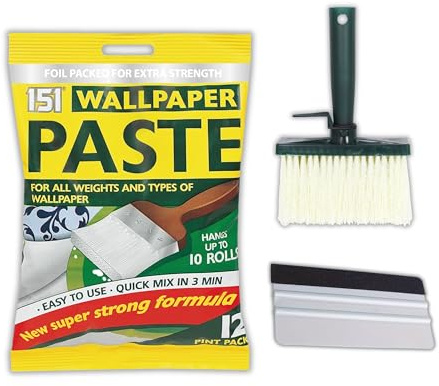 151 Wallpaper paste 10 Roll Powder Adhesive for lining paper – Bundled with wallpaper brush and felt-edge squeegee to paste the wall paper & vinyl smoothing