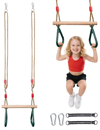 2-in-1 Multifunktionales Kinder-Trapezschaukel aus Holz mit Ringen, verstellbares Trapezschaukel für Kinder mit Ringlänge von 85–145 cm, Tragkraft 150 kg/330 lbs,trapez schaukel