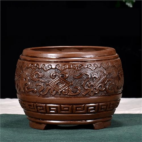 Maceta china de estilo antiguo, jardinera redonda de cerámica marrón, maceta decorativa para bonsái, suculentas y decoración asiática para interior y exterior.