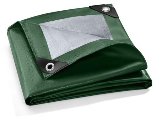 OUNUO Lona Impermeable Exterior 6 x 10 m 140 g/m² con Ojales, Cubretodo Múltiples Usos, Resistentes al desgarro, para Leña, Muebles, Jardín, Piscinia, Vehículos, Verde-Plata