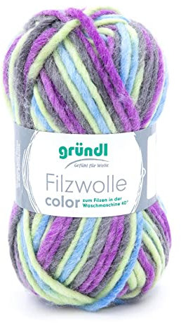Gründl Wolle Filzwolle color zum Stricken und Filzen - Wolle zum Stricken aus 100% Schurwolle - 1 x 50 g - lila-grün-multicolor