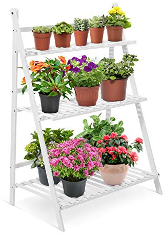 GOTOTOP Bambus Blumenständer, 3 Ebenen Pflanzentreppe, Faltbar, Weiß, für Balkon, Garten und Wohnzimmer, 70 x 40 x 96 cm