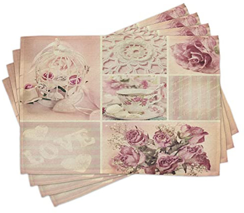 ABAKUHAUS Shabby Flora Platzmatten, Weinlese-Spitze Cup, Waschbare Stoff Esszimmer Küche Tischdekorations Digitaldruck, Hellrosa Weiß und Lila