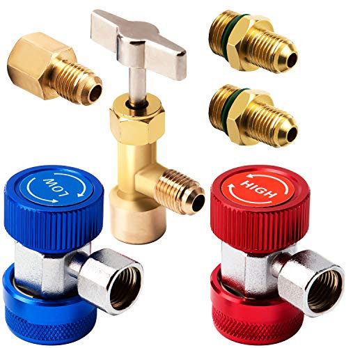 SAVITA Car Air Jeu d'outils, AC R134A Coupleurs Rapides Adaptateurs R134A Can Tap avec Adaptateur de réservoir pour Distributeur de réfrigérant 1/4 Pouces. et 1/2 Pouces Montage AC Tuyau de jauge
