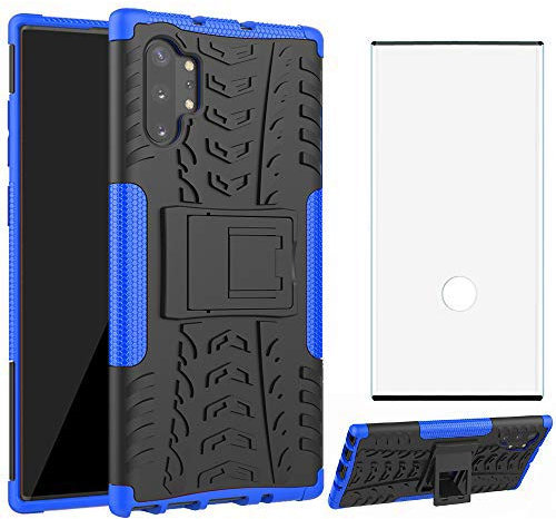 Phone Case for Samsung Galaxy Note 10 Plus/5G with Tempered Glass Screen Protector and Stand Kickstand Hard Rugged Hybrid Accessories Heavy Duty Shockproof Note10 Note10plus 10plus Note10+ 10+5g Blue