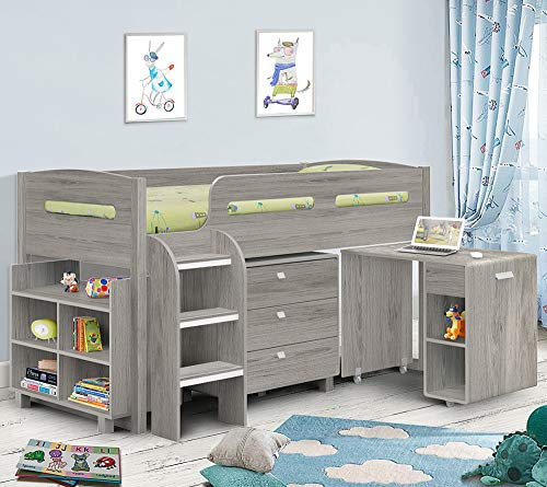 happybeds Kids Mid Sleeper Bed, Kimbo Sleep Station Contemporary Desk Drawers Shelf Storage Childrens Cabin Bed Frame (Grey Oak, 3FT - Frame Only)