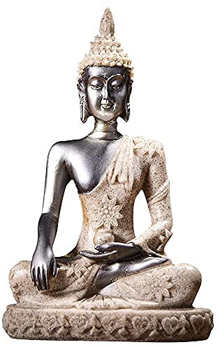 ANCLLO Buddha-Statue, Sandstein, handgeschnitzt, Schwarz / goldfarben #8132