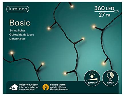 Lumineo Lichterkette Basic klassisch warm - 360 LED's - 27 Meter - schwarzes Kabel - Indoor & Outdoor - Timer - dimmbar - IP44
