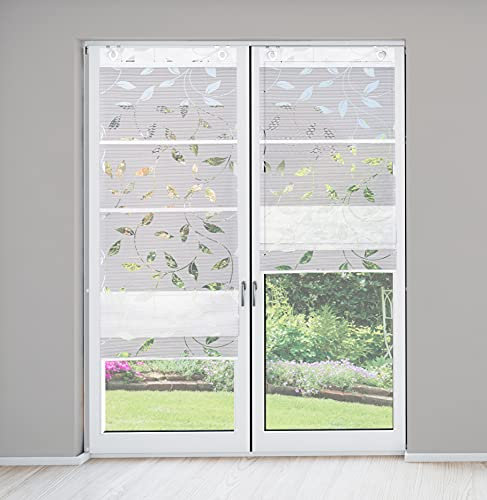 Magnetrollo Bambusoptik Blätter Ausbrenner inkl. Haken | weiß | Raffrollo mit Magnetraffung | Gardine ohne Bohren Montage direkt am Fenster | (70x210cm)