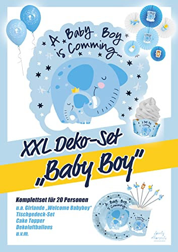 Baby Party Dekoration Junge, XXL Deko Set Baby Shower Boy, Its a boy blau, Elefant Ballons Girlanden Einweggeschirr Servietten Banner