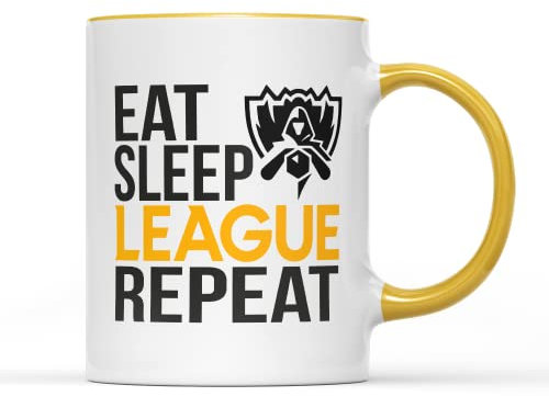 Eat Sleep League Repeat Mug Tea Cafeine Coffee Cup Novedad Fun Video Game Gamer Legends Multijugador Online Battle Arena Character Combat Gift Present (mango amarillo)