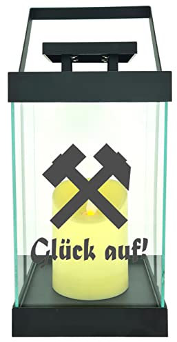 WB wohn trends Edle Glas-Laterne mit LED-Kerze, Glück auf! Schlägel und Eisen, Timer, 35cm hoch mit Bügel, 24,5x13x13cm, Batterie LED-Licht LED-Laterne LED-Lampe mit Text Spruch
