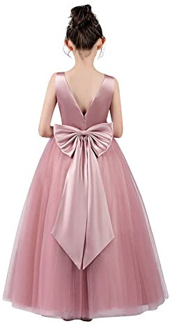 Elégante Fille Robe Mariage Satin avec Grand Nœud Papillon sans Manche Col en V Tulle Multicouche Princesse Mariée Demoiselle D'honneur Soirée Anniversaire Bal Pageant Longue Maxi Rose 11-12 ans