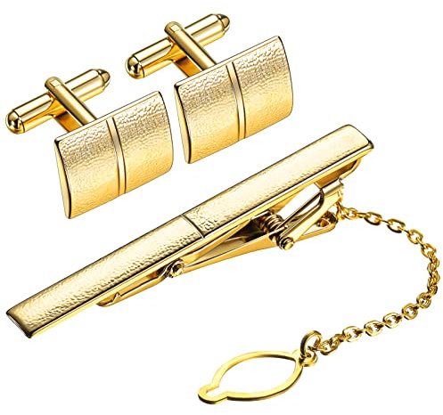 Set de Boutons de Manchette et Pince à Cravate Dorée avec Sac Cadeau, Pince à Cravate d'affaires Boutons de Manchette de Chemise Personnalisés pour Hommes Cadeaux Bijoux Mariage Accessoires