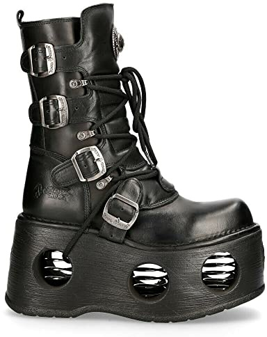 New Rock Boots 373-S2 Stivali Unisex in Pelle Nera Metallizzata Con Plateau Goth Neptuno Spazio Stivali 5